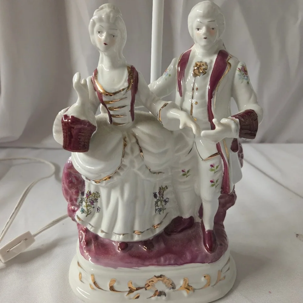 Vintage Porcelain Courting Couple Table Lamp Frosted Glass Tulip Shade Burgundy